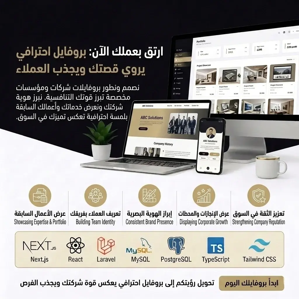 Company profile website service preview with Arabic badge and corporate portfolio